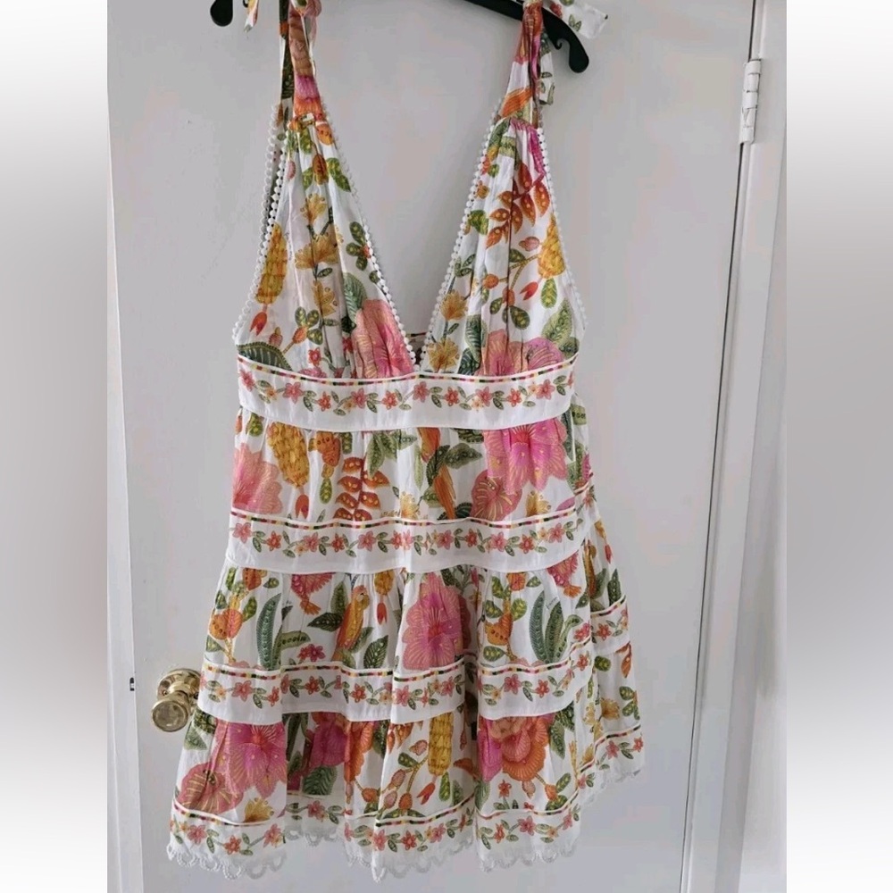FARM Rio White Mini Dress with Pink, Yellow & Green Floral Print